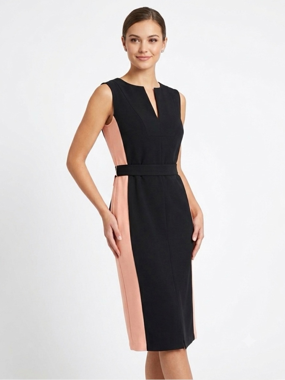 BCBGMaxAzria Black Midi Dress with Blush Side Panels